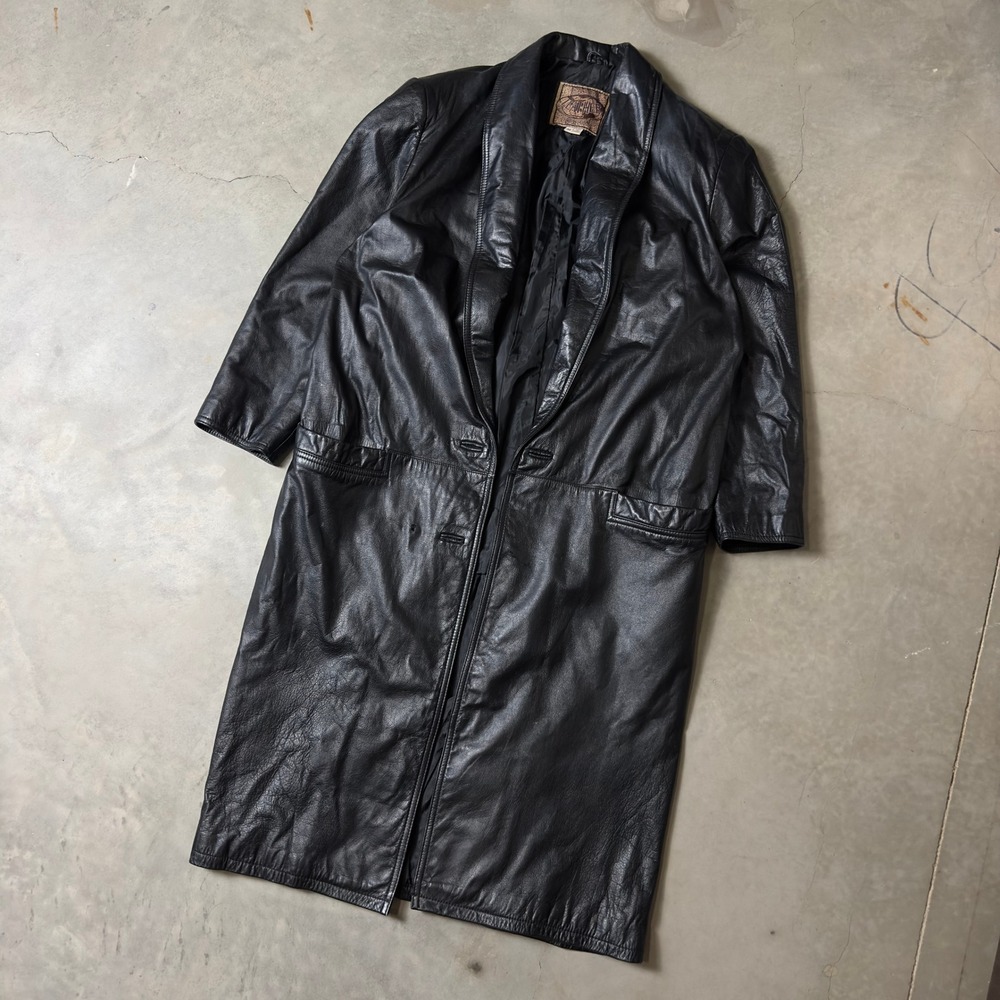 Vintage International Leather Collection Trench Coat Mens M Black Grunge Duster